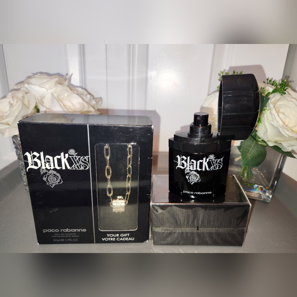 Black XS EDT for Men by Paco Rabanne with Bonus Silvertone Chain & Pendant/Ring